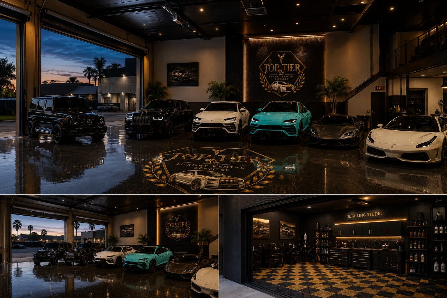 Luxury Rental Group HQ showroom lined with exotic cars and SUVs