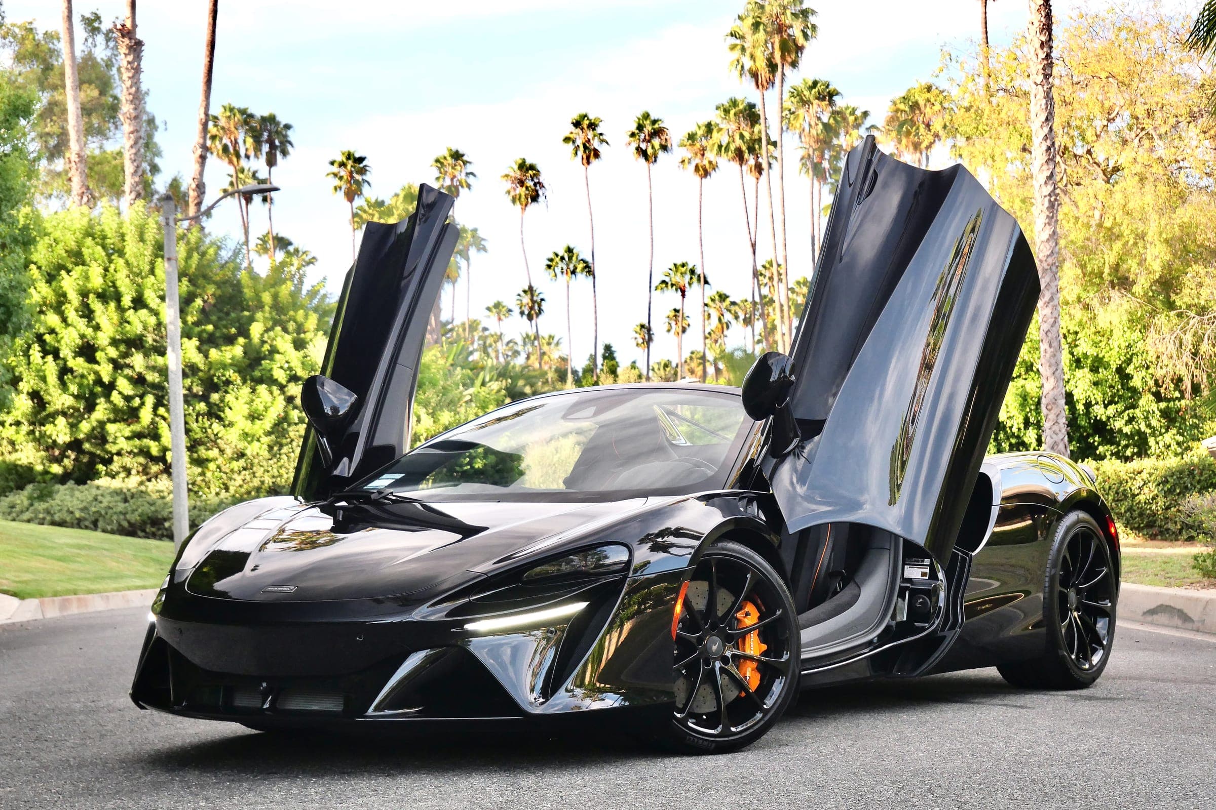 Black McLaren Artura with dihedral doors open on a palm-lined street