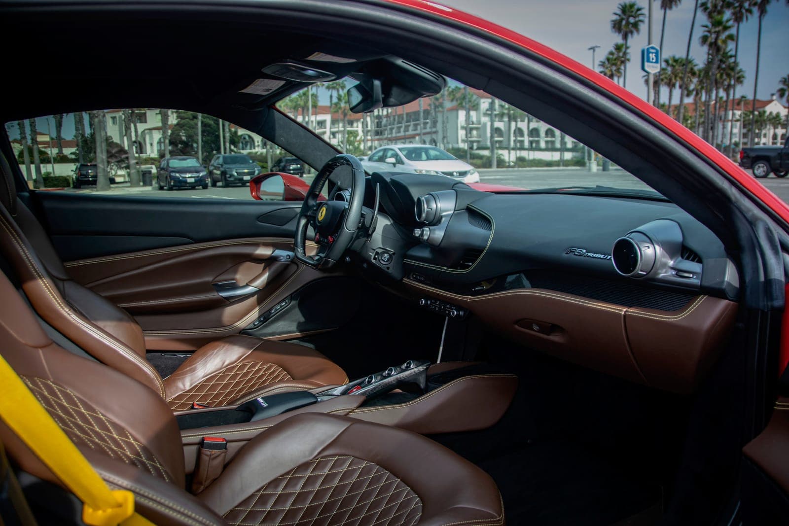 Ferrari F8 Spider interior with brown leather seats