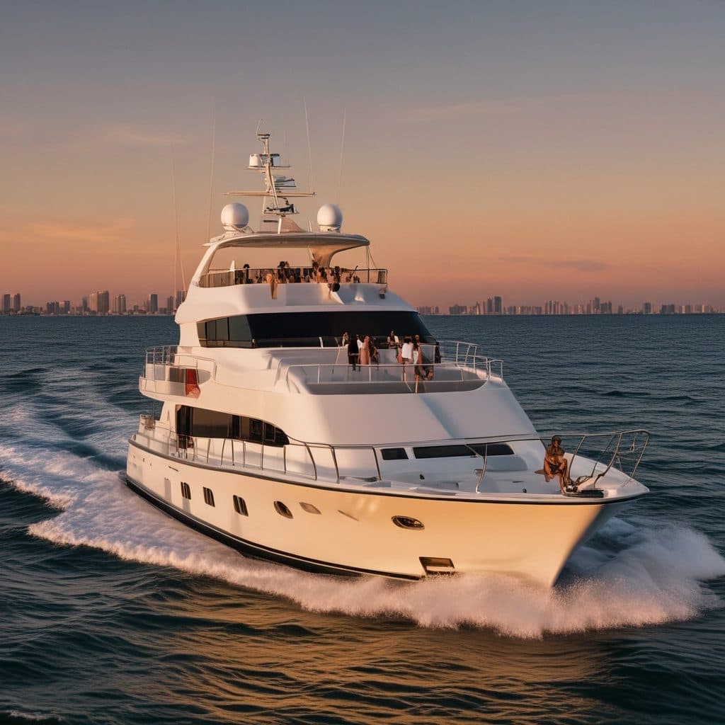 Luxury yacht cruising off the Miami skyline at sunset